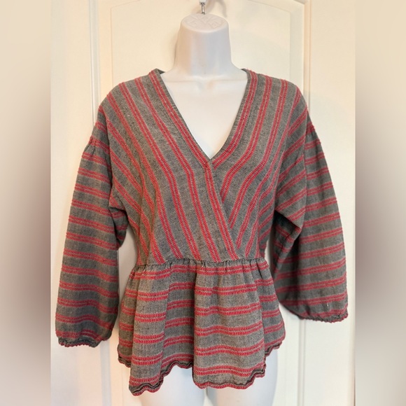 Madewell Gray Red Striped Knit Peplum Top V-Neck Long Sleeve Boho Casual Blouse - Picture 1 of 5